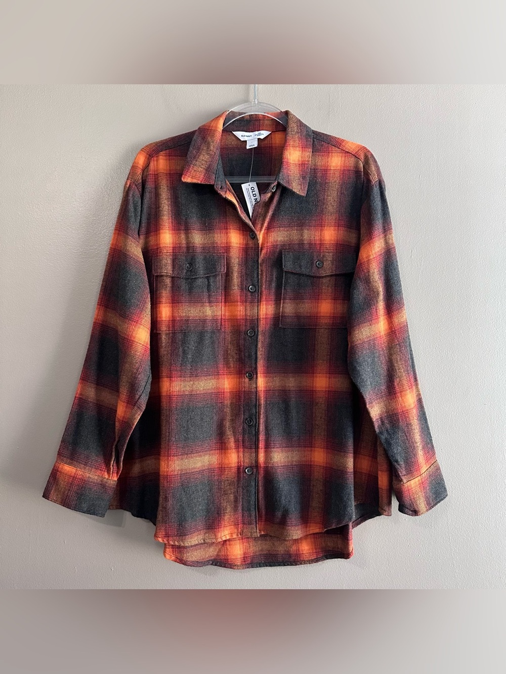 Old Navy Orange Gray The Boyfriend Plaid Evermore Flannel Shirt Womens Large NWT